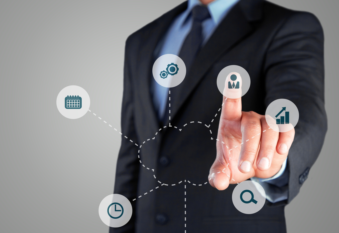 Business Person Pressing a Holographic Widget